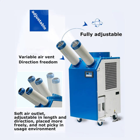 Heavy Duty Outdoor Air Conditioner Straight Up Industrial Powerhouse 220V Portable Cooling Unit With 18700 BTU Extendable Duct, showing adjustable dual vents.