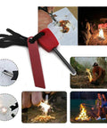 Collage of fire starting using Portable 8 In 1 SOS Survival Kit for camping and hiking, includes folding gear for outdoor adventures.