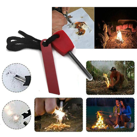 Collage of fire starting using Portable 8 In 1 SOS Survival Kit for camping and hiking, includes folding gear for outdoor adventures.