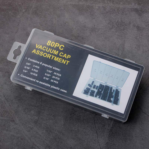 Six Size Vacuum Hose Caps Kit with 80Pcs for Automotive Carb Lines in a clear plastic case on a textured surface