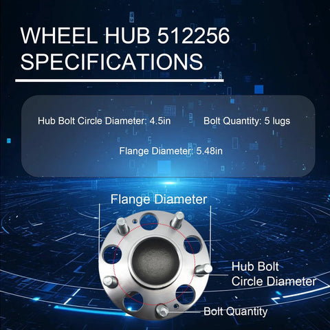 Rear Wheel Bearing Hub Assembly For Honda Civic 2006-2011 And Acura CSX 2006-2011 Beefed Up Rear Left Or Right 5 Lug Bolt On Replacement 512256 diagram with specifications.