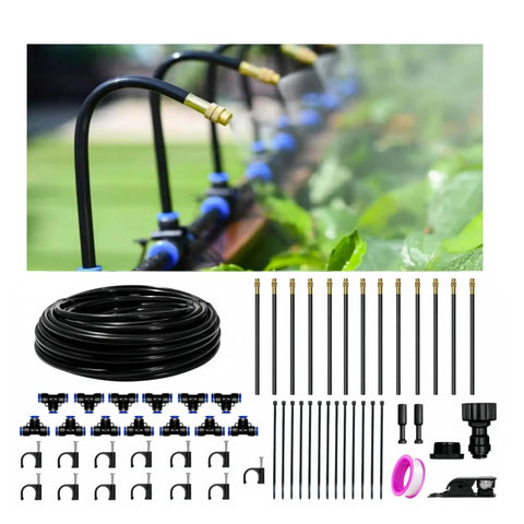 Efficient Drip Irrigation Kit With 40 Ft Tubing And 13 Adjustable 360 Degree Copper Nozzles setup in a garden