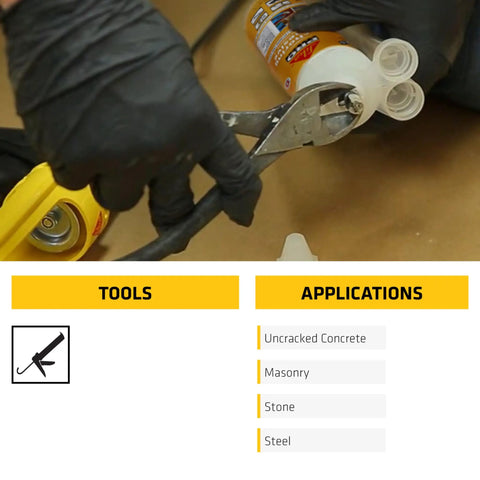 Worker using AnchorFix-2 Super Strength Anchoring Adhesive For Threaded Rods In Concrete And Masonry A Two Component Epoxy System With Fast Curing Solvent Free Formula Delivers High Load Capacity And Pro Grade Heavy Duty Anchoring 10.1 Fl Oz with pliers, applications for uncracked concrete, masonry, stone, and steel visible.