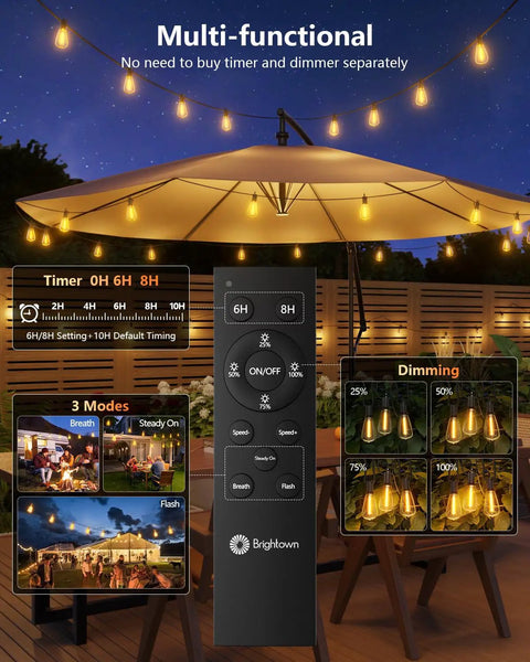 Remote and lighting modes for 100 Feet Solar String Lights For Outdoor Use Waterproof With Remote Dimmable And Timable Three Lighting Modes 31 And 2 Shatterproof LEDs Ideal For Patio Garden Backyard Parties And Summer Vibes