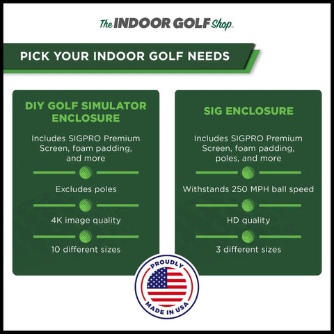 Comparison chart of DIY Home Golf Simulator Enclosure Kit With Impact Screen Surround And Cushioned Padding For Indoor Practice and SIG Enclosure