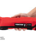 Hand holding red Durable Wrench Roll Pouch For 6 To 19 mm Combination Wrenches With Size Marked Pockets, Heavy Duty USA Made Tool Organizer