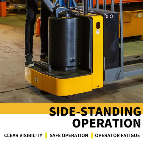 Heavy Duty Electric Ride On Pallet Jack Truck 5500 LB Capacity with side-standing operation for efficient movement.