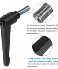 Dead Easy M10 Clamping Lever Handle Featuring Top Shelf Quick Release Lock Knobs And Sleek Black Coated Finish Plug And Play 304 Stainless Steel Workshop Hardware Built Tough For Workbenches And Machinery Frames close-up of handle and threaded stud.