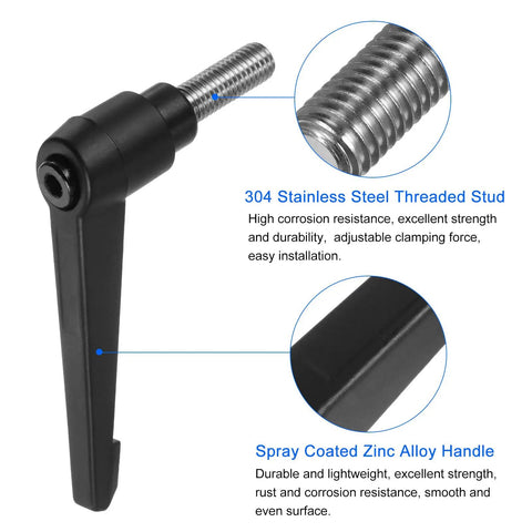 Dead Easy M10 Clamping Lever Handle Featuring Top Shelf Quick Release Lock Knobs And Sleek Black Coated Finish Plug And Play 304 Stainless Steel Workshop Hardware Built Tough For Workbenches And Machinery Frames close-up of handle and threaded stud.