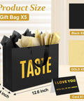 Five Senses Gift Bag Set For Him With Labels And Tissue Paper, black gift bag with 'TASTE' label, measuring 12.6x8.7x4 inches