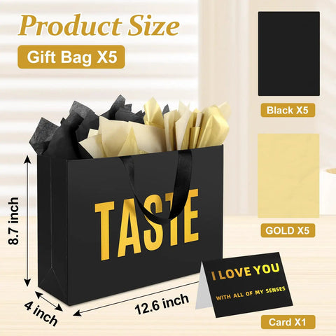 Five Senses Gift Bag Set For Him With Labels And Tissue Paper, black gift bag with 'TASTE' label, measuring 12.6x8.7x4 inches