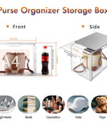 Clear Plastic Handbag Organizer Set 3 Pack For Closet Storage, featuring acrylic display case with purse and side view dimensions