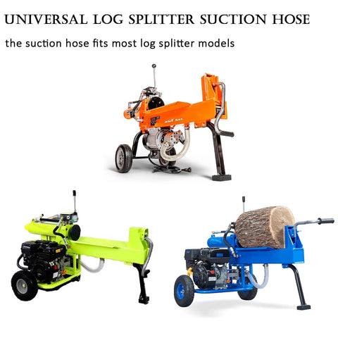Three portable log splitters in orange, lime green, and blue, with a log on the blue unit.