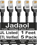 Image showing five Cat6 Ethernet Patch Cable 1ft 5 Pack 10Gbps RJ45 Pure Copper 24AWG cables labeled with product details and features.