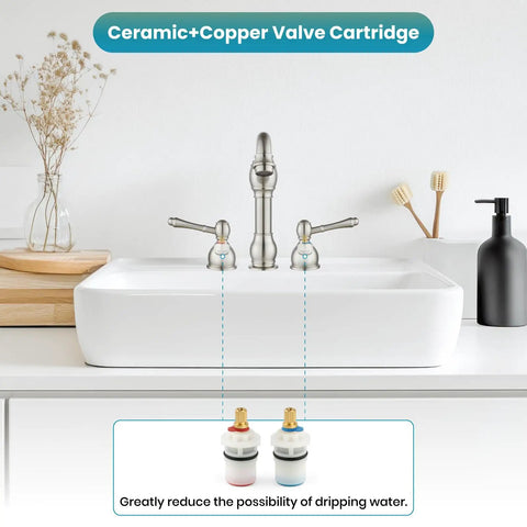 Widespread 8 Inch Bathroom Faucet For Sink With 3 Holes, Two Lever Handles, brushed nickel finish, close-up of faucet on white sink.