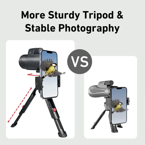 15x52 HD Monocular With Tripod For Hunting, Bird Watching, Hiking, And Travel, displaying tripod stability comparison