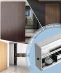 Heavy Duty Hidden Sliding Barn Door Hardware Kit With Floating Wall Mount Invisible Track shown with wooden doors