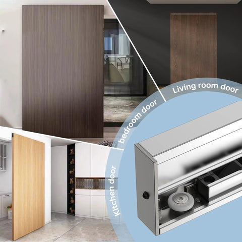 Heavy Duty Hidden Sliding Barn Door Hardware Kit With Floating Wall Mount Invisible Track shown with wooden doors