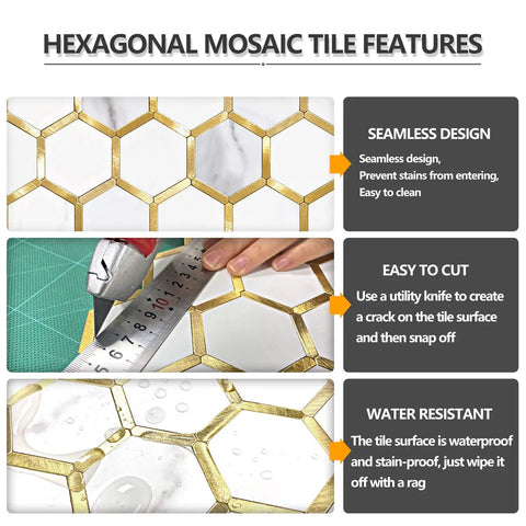 Hexagon Peel And Stick Backsplash Tiles With White Marble Look And Gold Accents For Kitchen And Bathroom, feature details