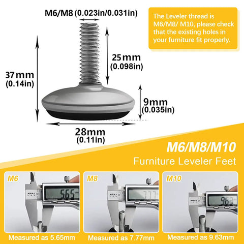 Heavy Duty Adjustable Furniture Feet Set For Cabinets Workbenches Tables And Benches M6 M8 M10 Galvanized Leveling Feet diagram with measurements