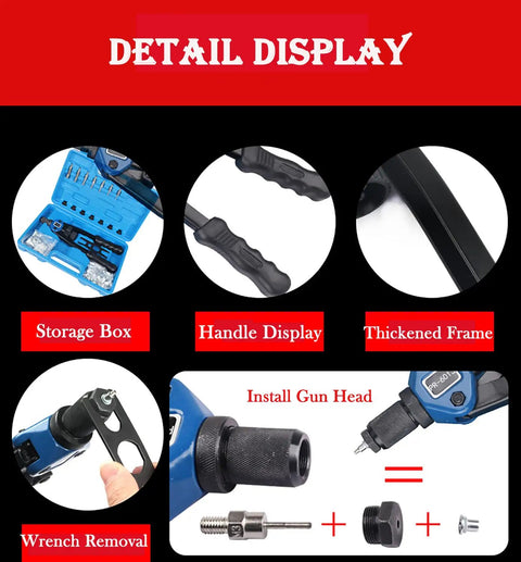 Detail display of Rivet Nut Tool Kit Hand Riveter Set with 110 pcs M3 M12 nuts and 7 metric and inch mandrels.