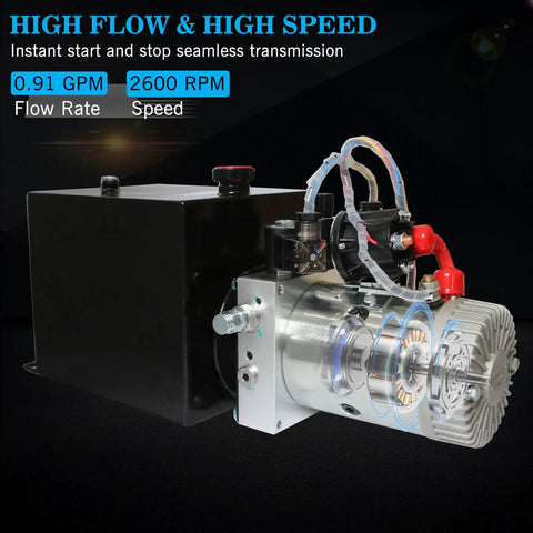 12V Hydraulic Power Unit With 10 Quart Reservoir Double Acting Pump For Dump Trailers And DIY Hydraulic Systems High Pressure 3200 PSI Electric Hydraulic Pump Built Tough For Lifting Heavy Machinery with 0.91 GPM flow rate and 2600 RPM speed visible.