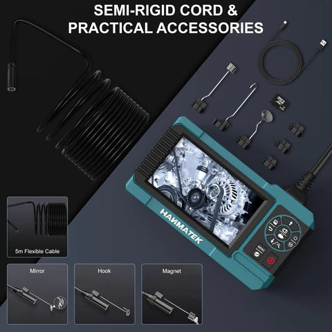 1080P Industrial Endoscope With 4.3 Inch TFT Screen 16.5ft Flexible Cable 8mm Camera Adjustable LED Lights 1 Million Pixels Photo Video Recording USB C Charging, 5m cable and accessories