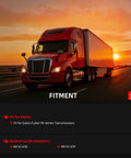 Semi-truck front view with long red trailer on highway at sunset