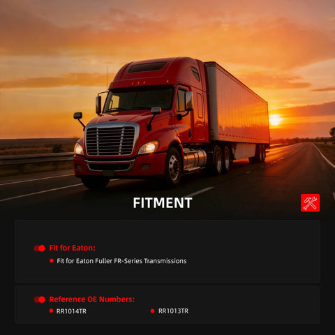 Semi-truck front view with long red trailer on highway at sunset