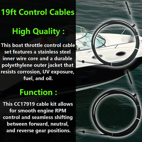 Beefed-Up Heavy Duty 19 Foot Boat Throttle And Shift Cable Set For 600A Gen I Remote Systems, Pack Of 2, with steel core