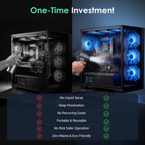 Comparison of canned air and Cordless Air Duster With 110000 RPM Brushless Motor cleaning a PC case with RGB lights.
