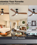 52 Inch Outdoor Ceiling Fan With Light, Solid Walnut Wood Blades, Remote, 3 CCT Dimmable LED in different room settings