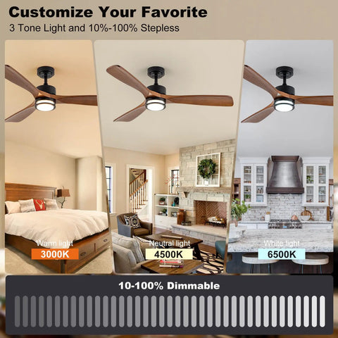 52 Inch Outdoor Ceiling Fan With Light, Solid Walnut Wood Blades, Remote, 3 CCT Dimmable LED in different room settings