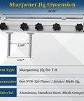 Pro Woodworker Game Changer Planer Blade Sharpener Jig With Rock Solid Knife Holder dimensions detailed in aluminum and stainless steel.