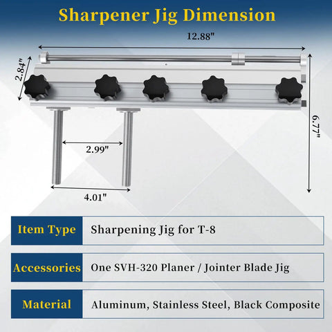 Pro Woodworker Game Changer Planer Blade Sharpener Jig With Rock Solid Knife Holder dimensions detailed in aluminum and stainless steel.