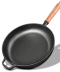 12 Inch Cast Iron Skillet With Removable Wooden Handle Pre Seasoned Fry Pan For Stove Oven Grill Campfire Cooking shown overhead