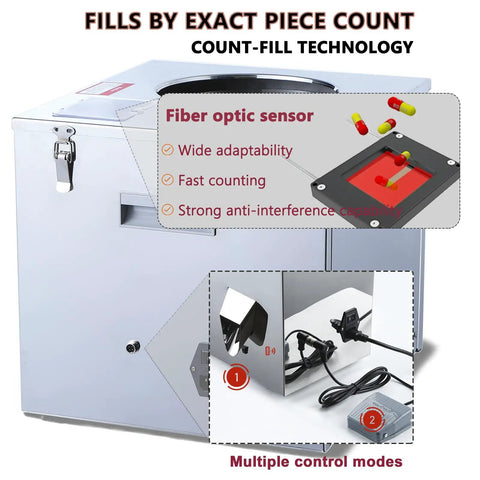 Digital Counting Filling Machine For Buttons And Small Toys showing fiber optic sensor and controls, made from food grade 304 stainless steel.