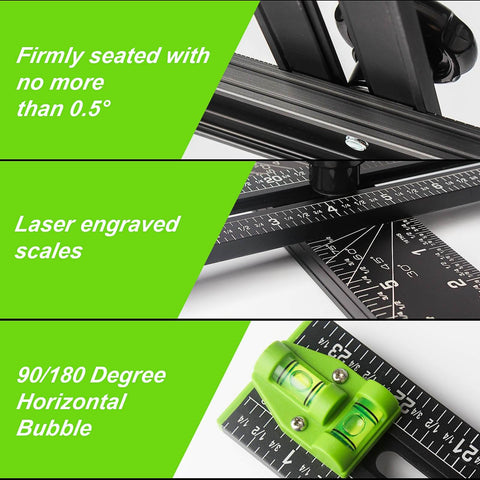 Close-up of 6 In 1 Adjustable T Square with 24 Inch Drilling Positioning Ruler Cabinet Hardware Jig Tools showing laser scales and bubble level.