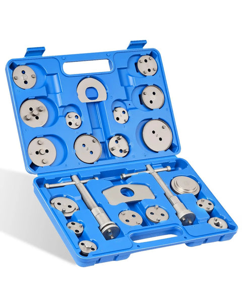 DAYUAN disc brake caliper piston rewind tool kit in blue case with circular metal plates and two guide rods.