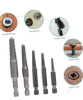 Bolt Extractor Set 5 Pieces Tap Extractors For Steel Damaged Screws And Stripped Fasteners Remover Tool Kit displayed with screw types.