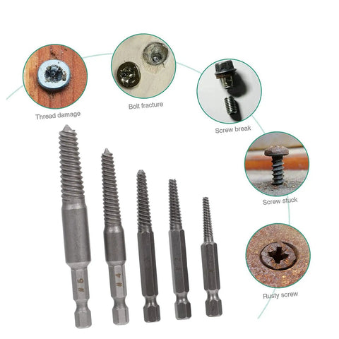 Bolt Extractor Set 5 Pieces Tap Extractors For Steel Damaged Screws And Stripped Fasteners Remover Tool Kit displayed with screw types.