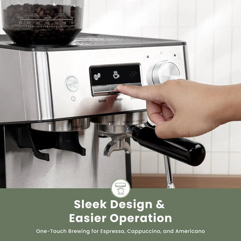 Close-up of a person using the control panel on the 2026 Upgrade 20 Bar Espresso Machine With Built In Grinder And Milk Frother For Home Use Barista Grade Coffee Maker For Cappuccino And Latte Removable Water Tank Steam Wand.