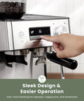 Next Level Espresso Machine With Built In Burr Grinder, 20 Bar Killer Coffee Maker For Homemade Cappuccinos, Boasting Fast Heat Up And Solid Steel Chassis For Chill Morning Vibes At Home, showing control panel and user interaction.
