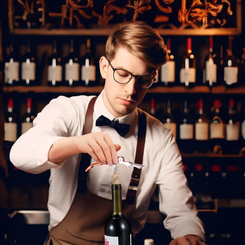Bartender using Two Pack Waiter Corkscrew Wine Opener Set With Foil Cutter And Bottle Opener Double Hinged Pro Grade Wine Key