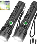 Two Go To Pocket Size Tactical Flashlight With 8000 Lumens XHP50.2 LED, showing zoomable beam, USB cables included.