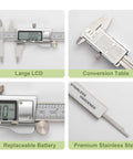 Beefy All Metal Digital Caliper With Zero To Eight Inch Range Auto Off And Depth And Step Measuring Two Jaws shown with large LCD, conversion table, replaceable battery, and stainless steel design.