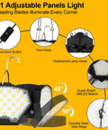 Cordless LED Work Light with 20V Battery Compatibility, 65W 6500LM Flood and Pendant Light showing adjustable panels and features.