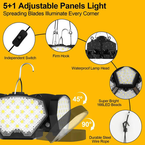 Cordless LED Work Light with 20V Battery Compatibility, 65W 6500LM Flood and Pendant Light showing adjustable panels and features.