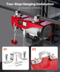 Heavy Duty 2200 Pounds Electric Hoist 110V 40 Ft Lift With 14 Ft Corded Remote, secure two-step hanging installation, close-up of mounting brackets.