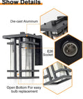 Close-up of Retro Outdoor Wall Light with Clear Seeded Glass Shade, die-cast aluminum, E26 socket, open bottom design.